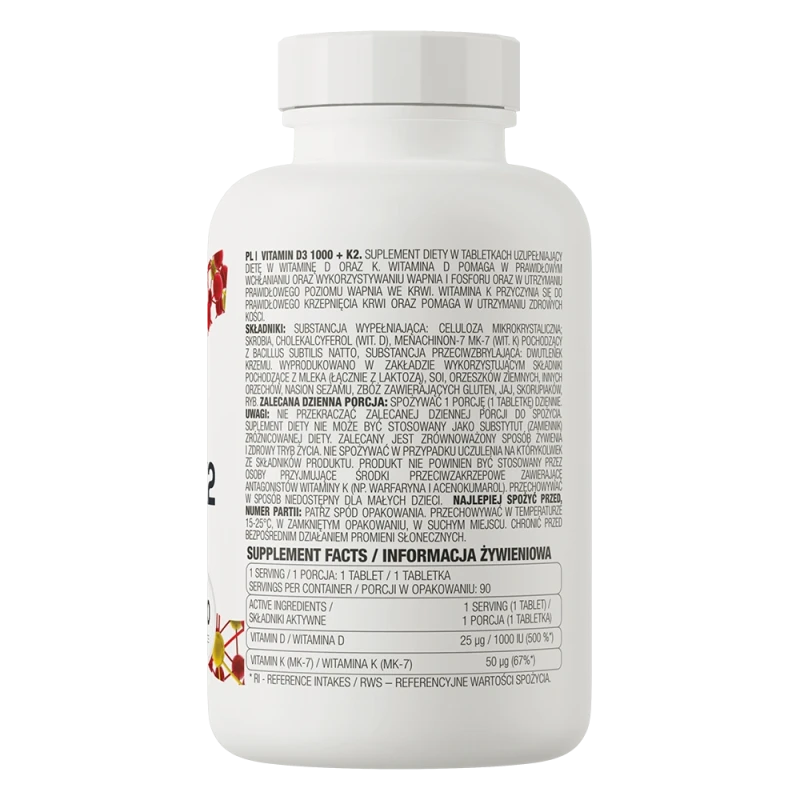 OstroVit Vitamin D3 1000 IU + K2 | D3 and K2 Vitamins 90 Tablets