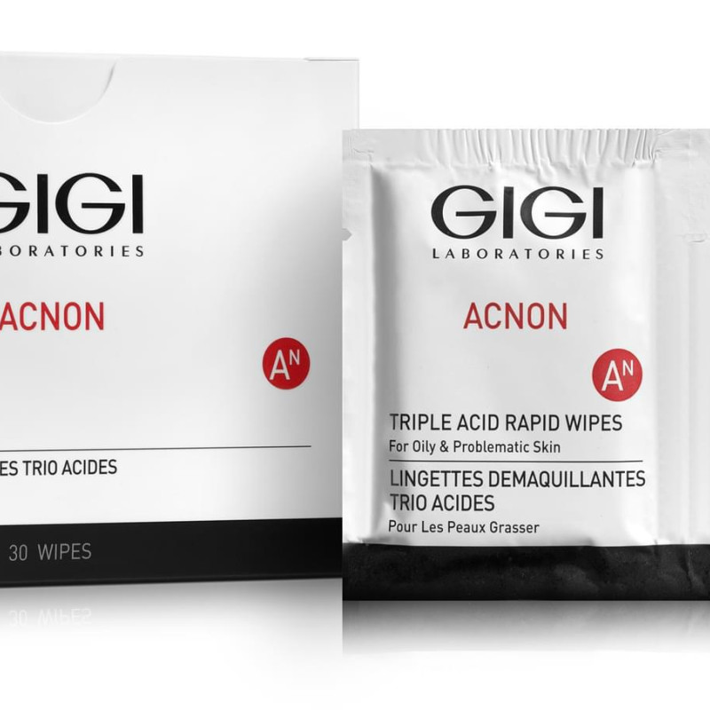 GIGI Acnon Triple Acid Rapid Wipes | Exfoliating Acid Cleansing Towelettes 30 pcs.